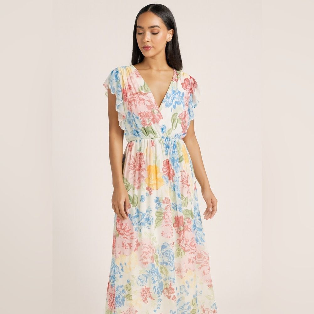 Tempo Paris Silk Blend Floral Maxi Dress Women’s Small Sheer Ruffle Sleeve